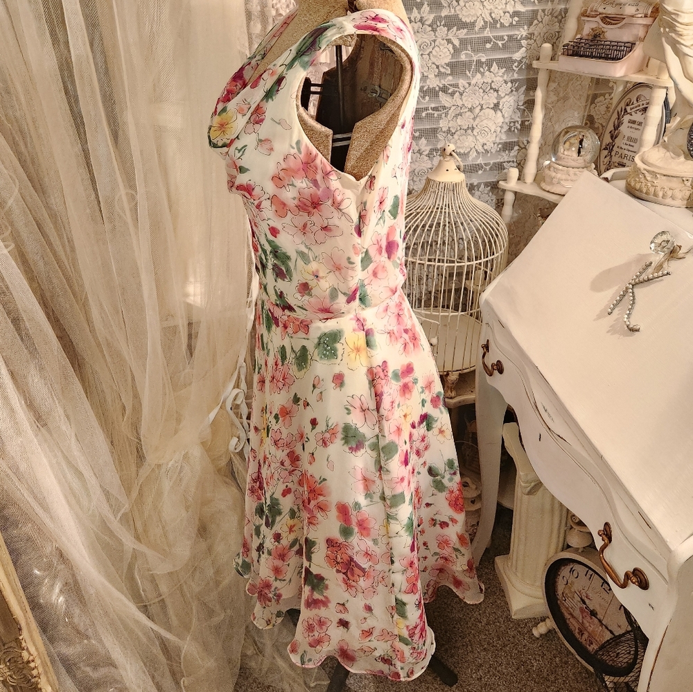 ౨ৎ 2000s beaded floral silk cowl dress ౨ৎ - Picture 3 of 6